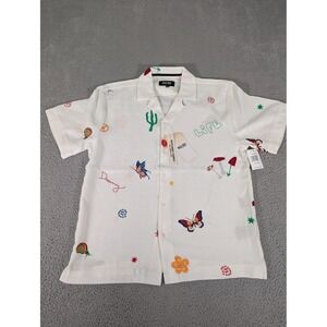 Malibu Shirt Mens Medium Ecru Textured Fabric Linen Look Embroidered Butterflies